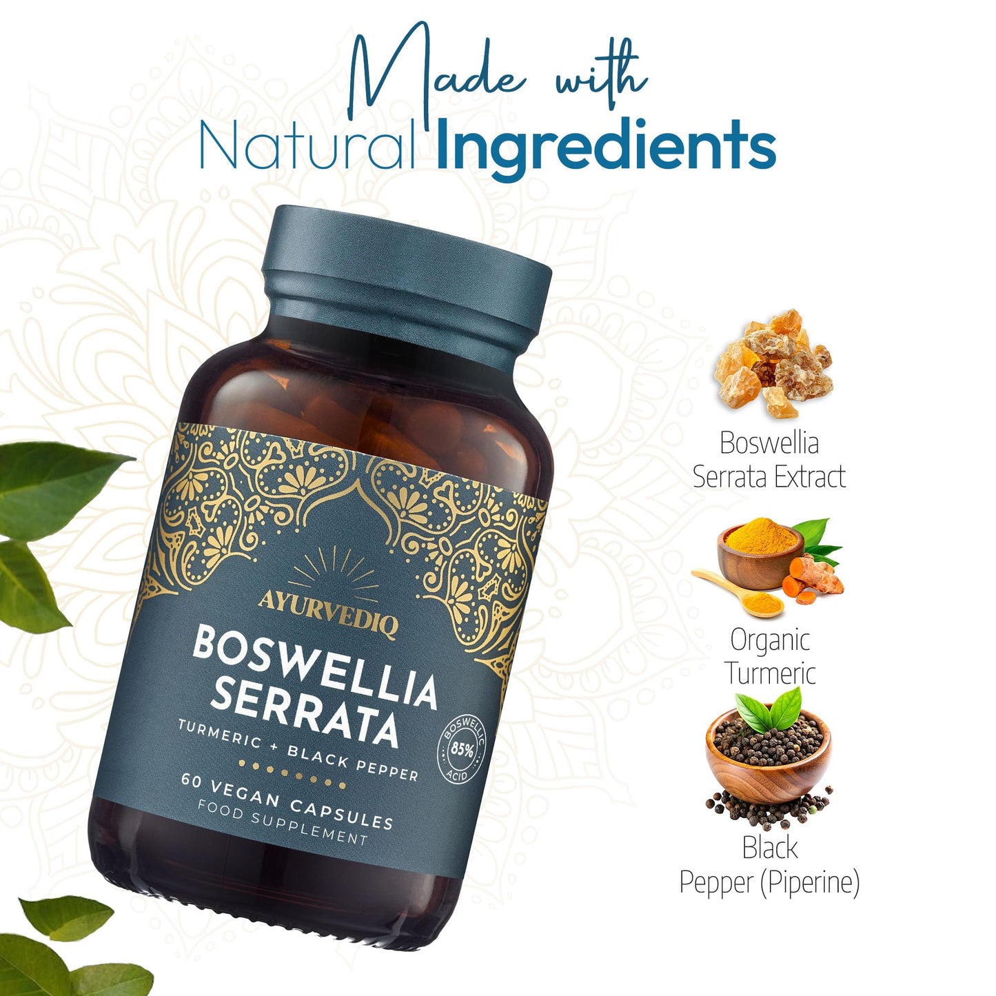 AYURVEDIQ WELLNESS Ayurvediq Boswellia Serrata and Turmeric with Black Pepper Piperine Capsules – 60 Vegan Organic Turmeric Curcumin Capsules a Natural Anti Inflammatory Supplement Joint Support - Ayurvedic Products