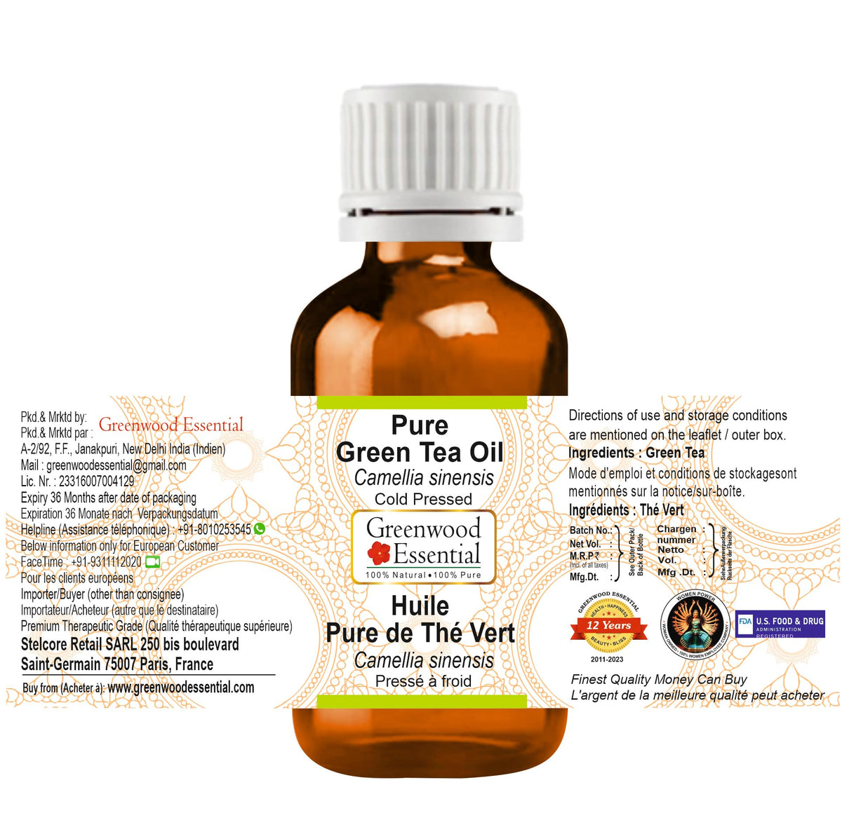Greenwood Essential Pure Green Tea Oil (Camellia sinensis) for Skin & Hair 10ml (0.33 oz)
