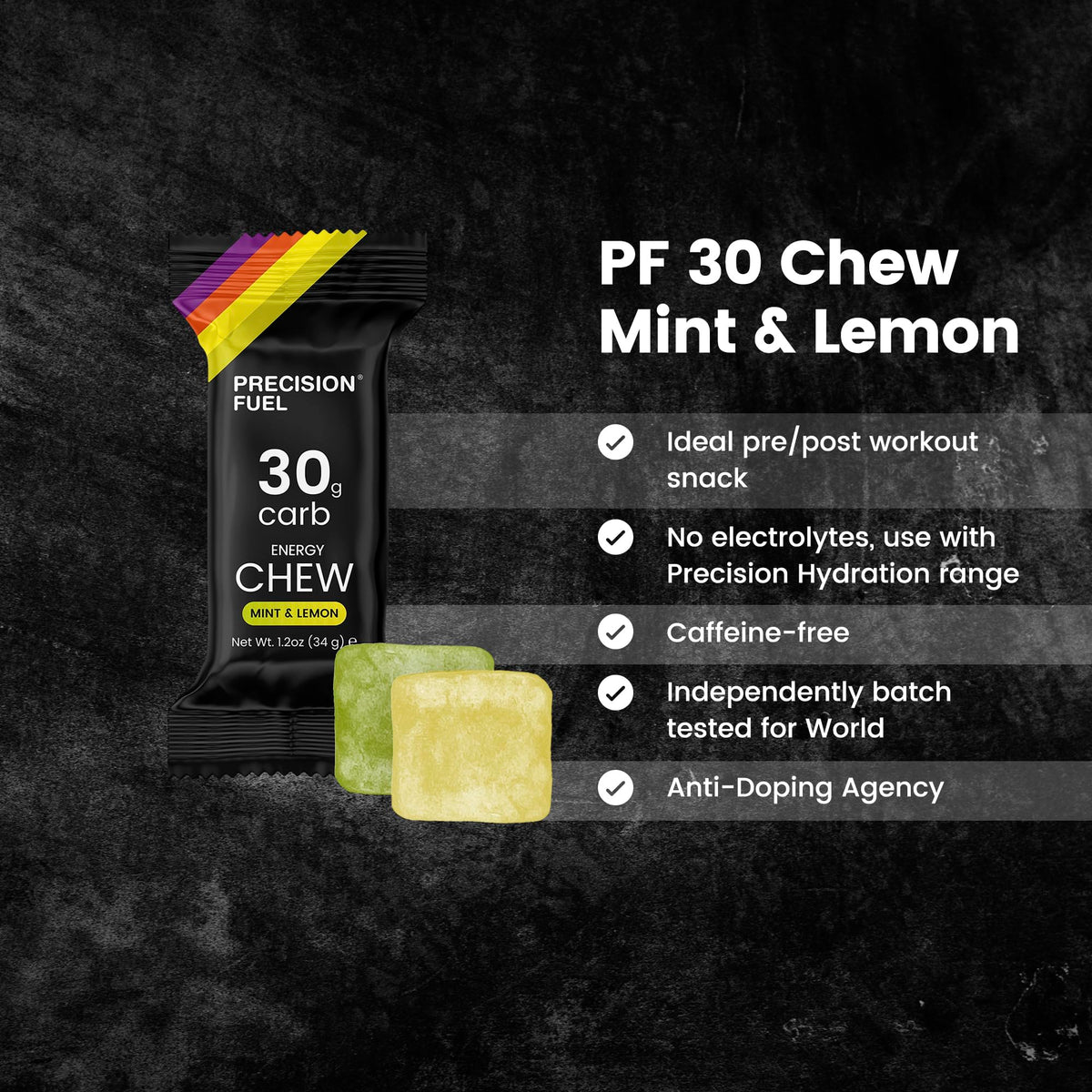 Precision Hydration Precision Fuel PF30 Energy Chews - Carb, Lightweight Snack for Endurance Sports, 30g Carbs per Serving, Ideal for Running & Cycling, No Artificial Ingredients - Mint & Lemon Flavour (15 x 34g Chews)