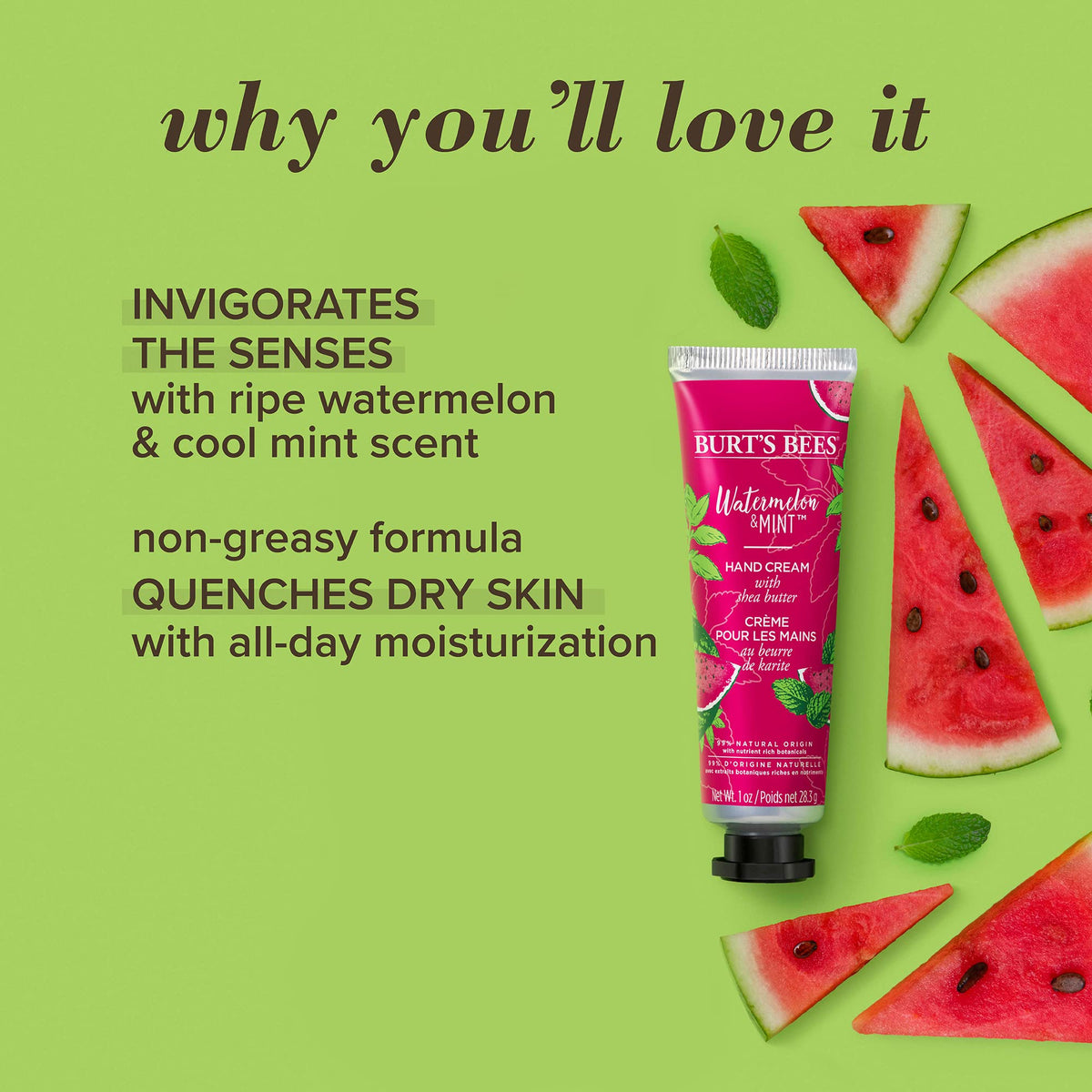 Burt's Bees Burt’s Bees Hand Cream for Very Dry Hands, Watermelon & Mint, Hand Moisturiser With Shea Butter, 28.3g