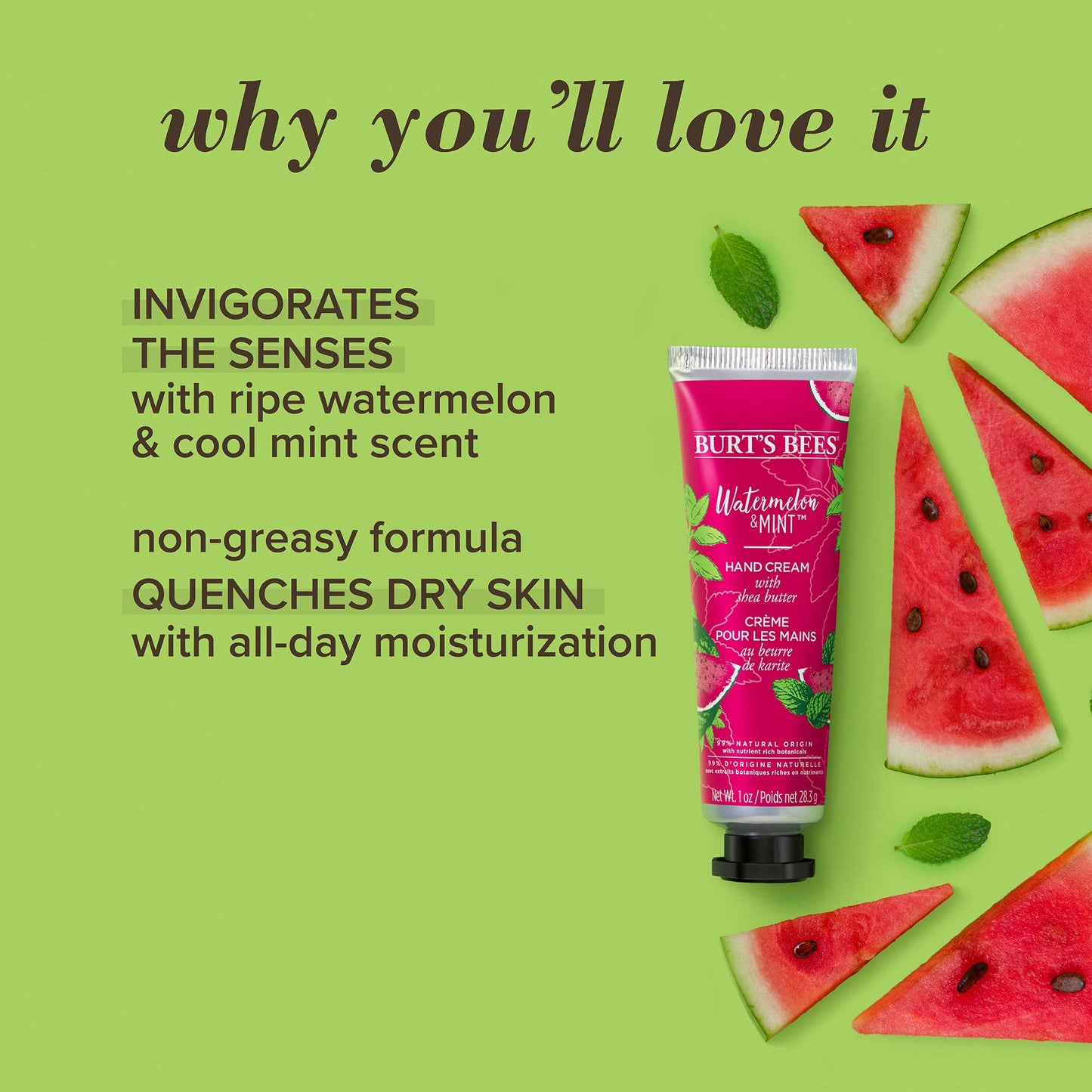 Burt's Bees Burt’s Bees Hand Cream for Very Dry Hands, Watermelon & Mint, Hand Moisturiser With Shea Butter, 28.3g