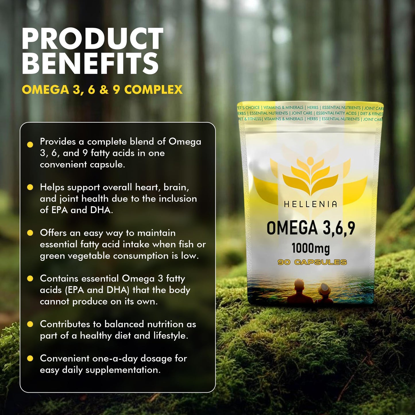 Omega 3 6 9 Capsules High Strength | 1000mg - 90 Softgel Capsules | Supports Maintenance of Normal Blood Cholesterol | Omega 369 with EPA, DHA & ALA from Fish Oil - Made for Hellenia