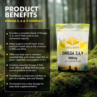 Omega 3 6 9 Capsules High Strength | 1000mg - 90 Softgel Capsules | Supports Maintenance of Normal Blood Cholesterol | Omega 369 with EPA, DHA & ALA from Fish Oil - Made for Hellenia