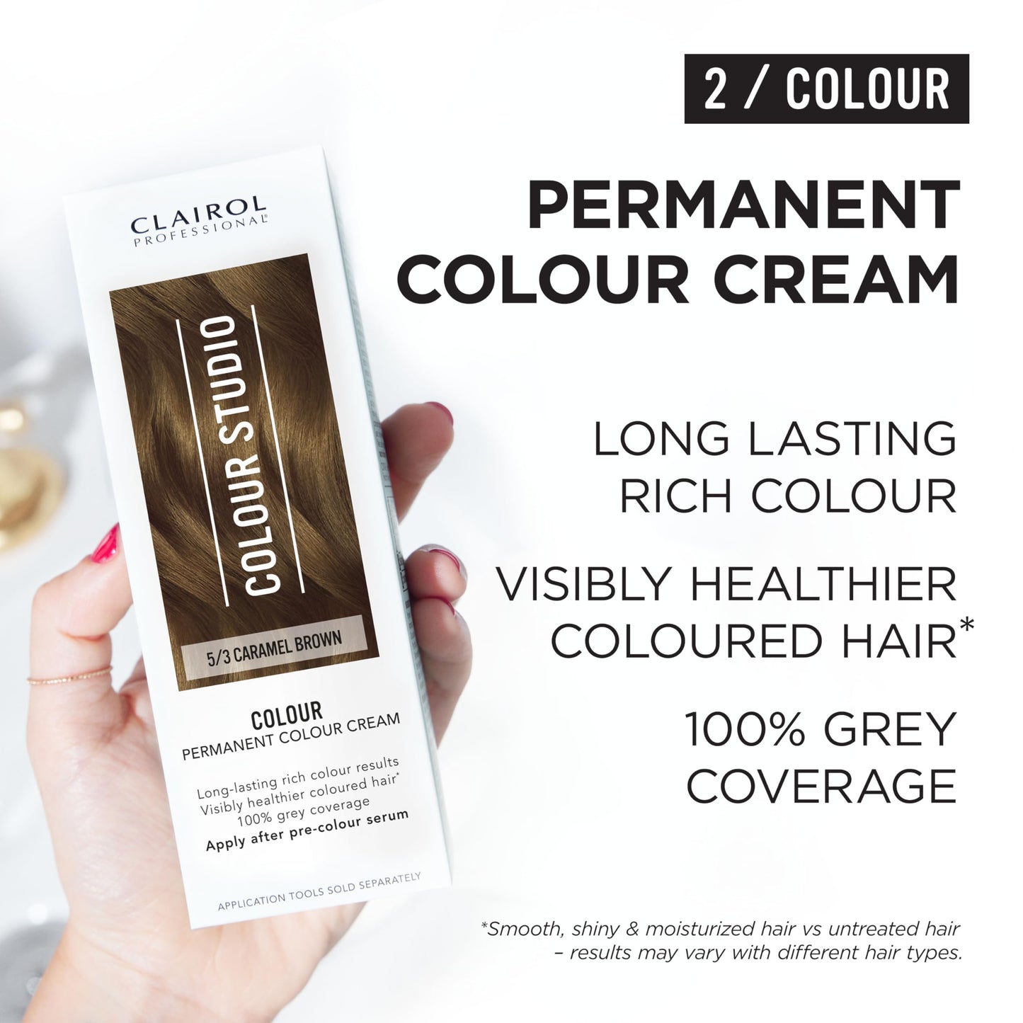 Clairol Colour Studio Permanent Colour Cream | Hair Dye | Long-lasting Rich Tones | 100% Grey Coverage | Dermatologically Tested Vegan Formula | Hair Colouring Kit | Caramel Brown 5/3 | 50ML