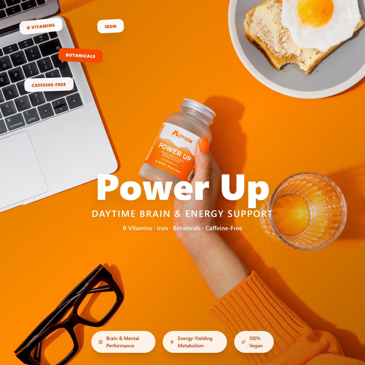 Motion Nutrition Power Up Daytime Nootropic (60 Capsules) | Award Winning Nootropic for Jitter-Free Energy | Monk-Like Focus | Less Mid-Day Fatigue | No Unsafe stimulants or Caffeine | Made in UK