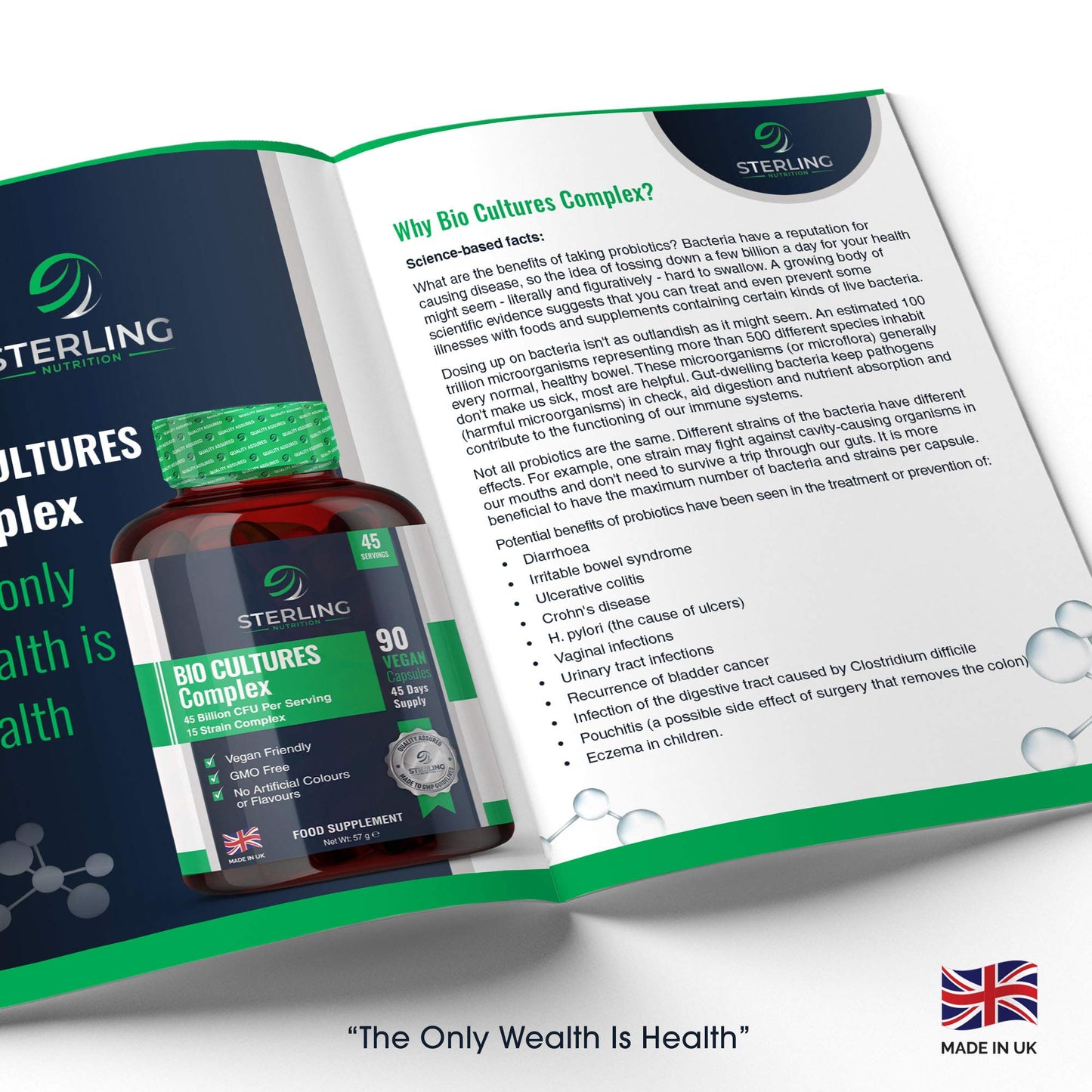 STERLING NUTRITION Bio Cultures Probiotic Complex with 45 Billion CFU with 15 Live Bacteria Strains - Digestive Enzyme Supplements - 90 Super Strength Vegan Capsules - Made in UK - by Sterling Nutrition