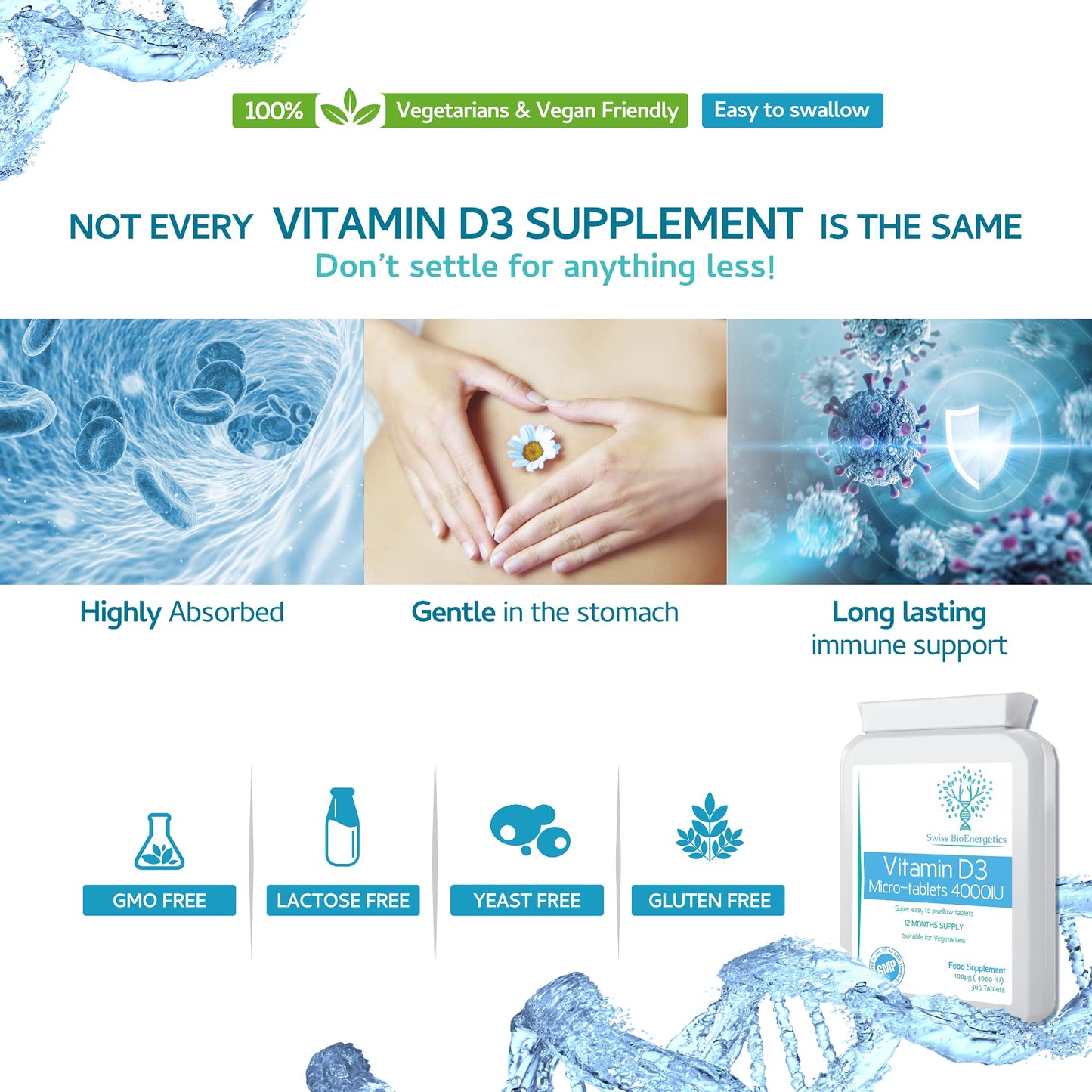 swiss bioenergetics Vitamin D3 100µg (4000 IU) 365 Micro-Tablets – one-a-Day Easy to Swallow high Strength Tablets – Exclusively Manufactured in The UK