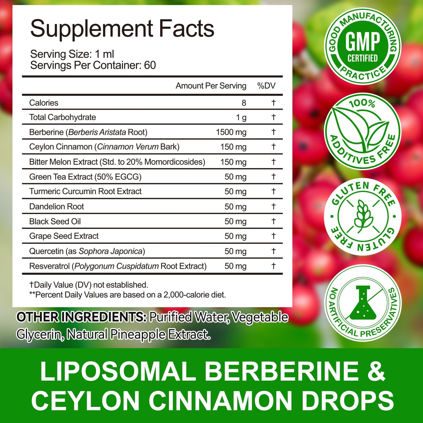 Berberine Supplement Liquid Drops, High Strength Berberine Liquid Drops with Ceylon Cinnamon, Bitter Melon, Immune and Digestive Support, Pineapple Flavor - Vegan & Sugar-Free, 60ml