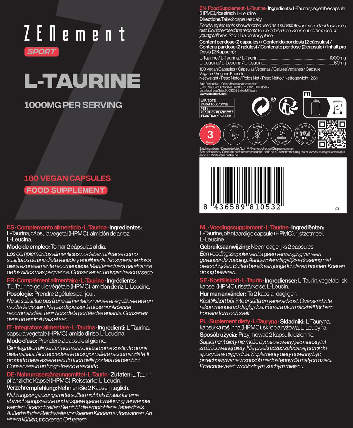 L‑Taurine 1000 mg per Dose (2 Capsules) – 180 Vegan Capsules (3‑Month Supply) – Pure Taurine – Sport Supplement – Gluten‑Free, Lactose‑Free, Soy‑Free, No Additives – Zenement