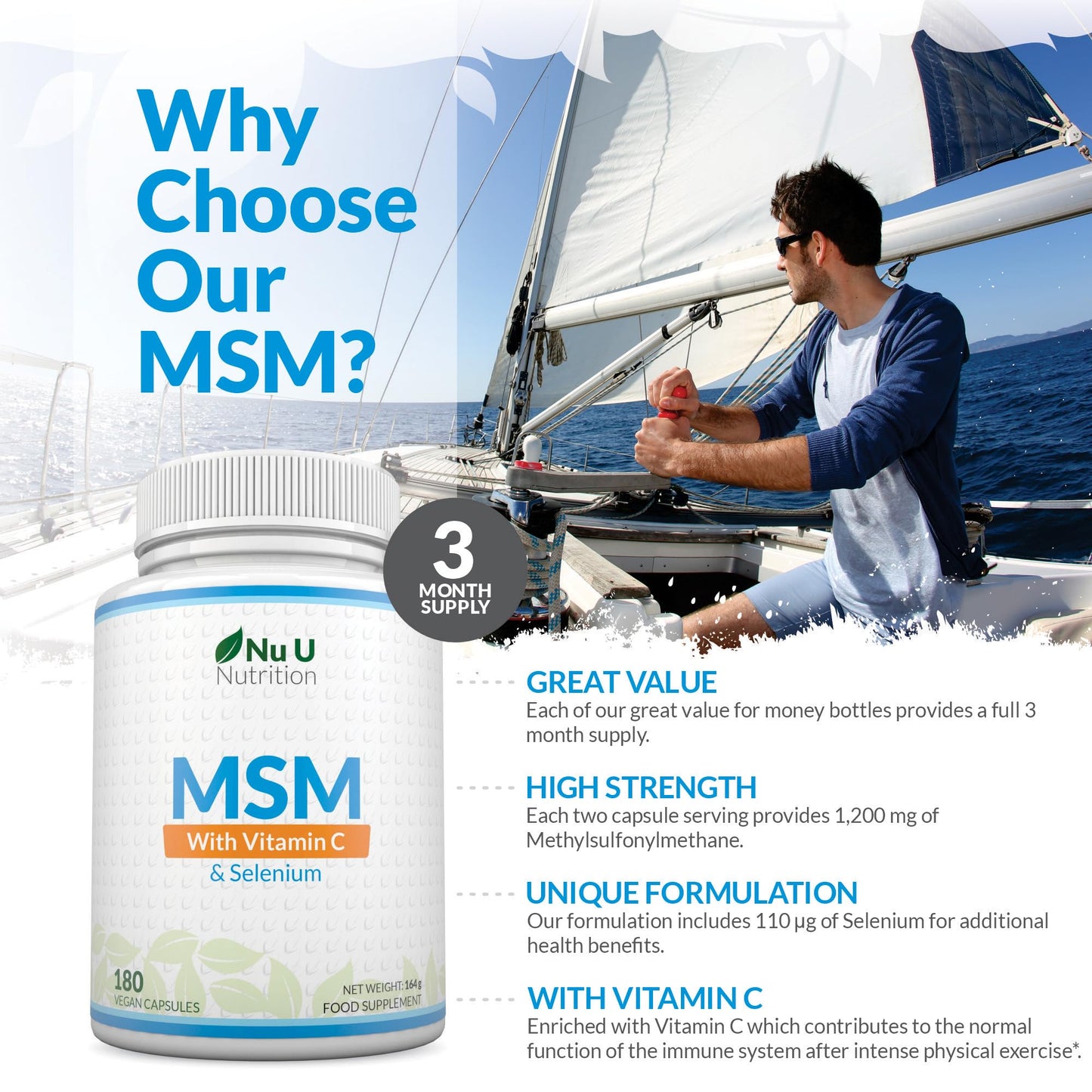 Nu U Nutrition MSM 1200mg - 180 Capsules - 3 Month Supply - Methylsulfonylmethanethane with Added Vitamin C and Selenium - High Strength MSM