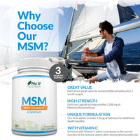 Nu U Nutrition MSM 1200mg - 180 Capsules - 3 Month Supply - Methylsulfonylmethanethane with Added Vitamin C and Selenium - High Strength MSM