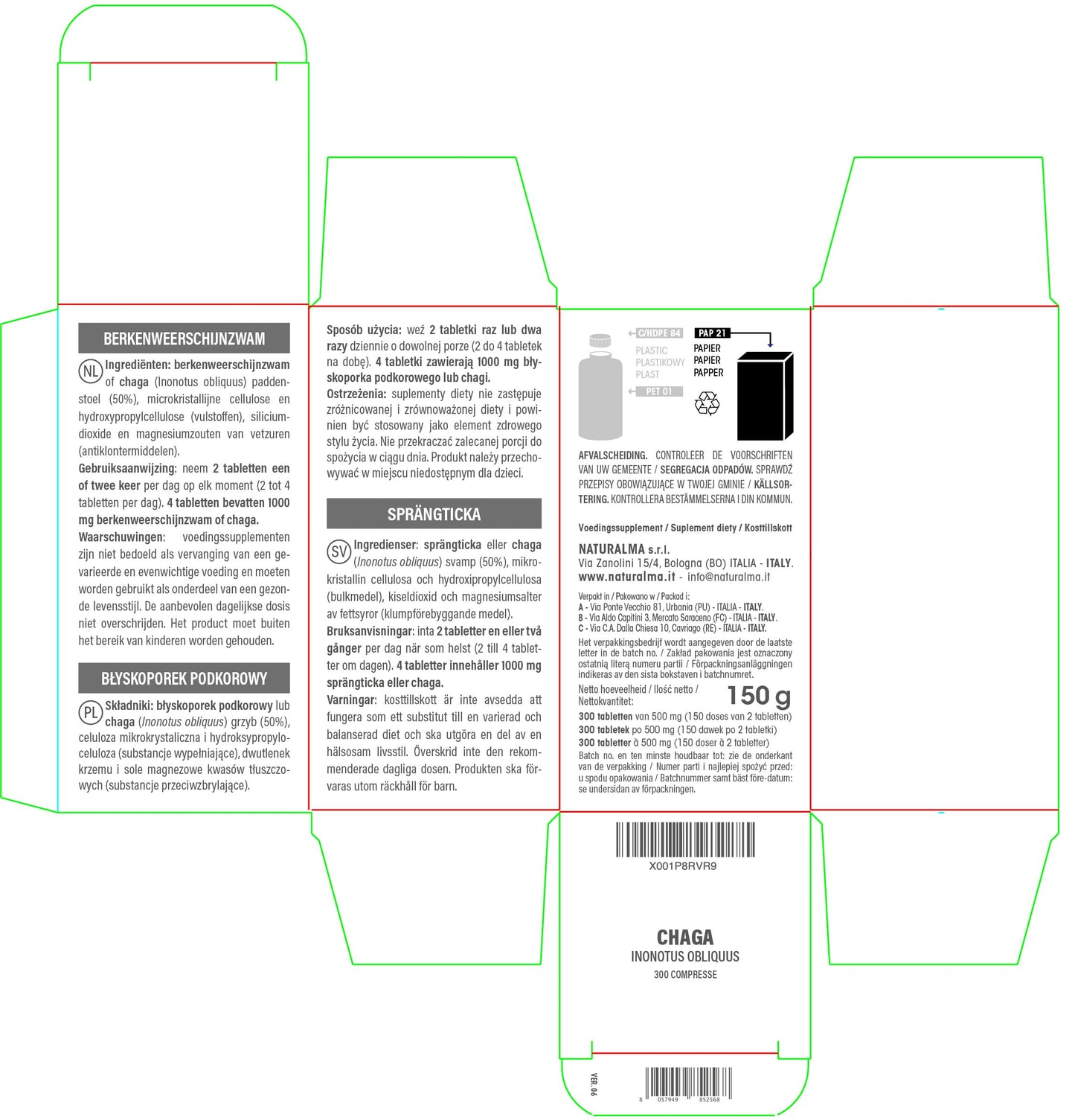 Chaga (Inonotus obliquus) fungus or mushroom Naturalma - 150 g - 300 tablets - Food supplement - Natural and Vegan