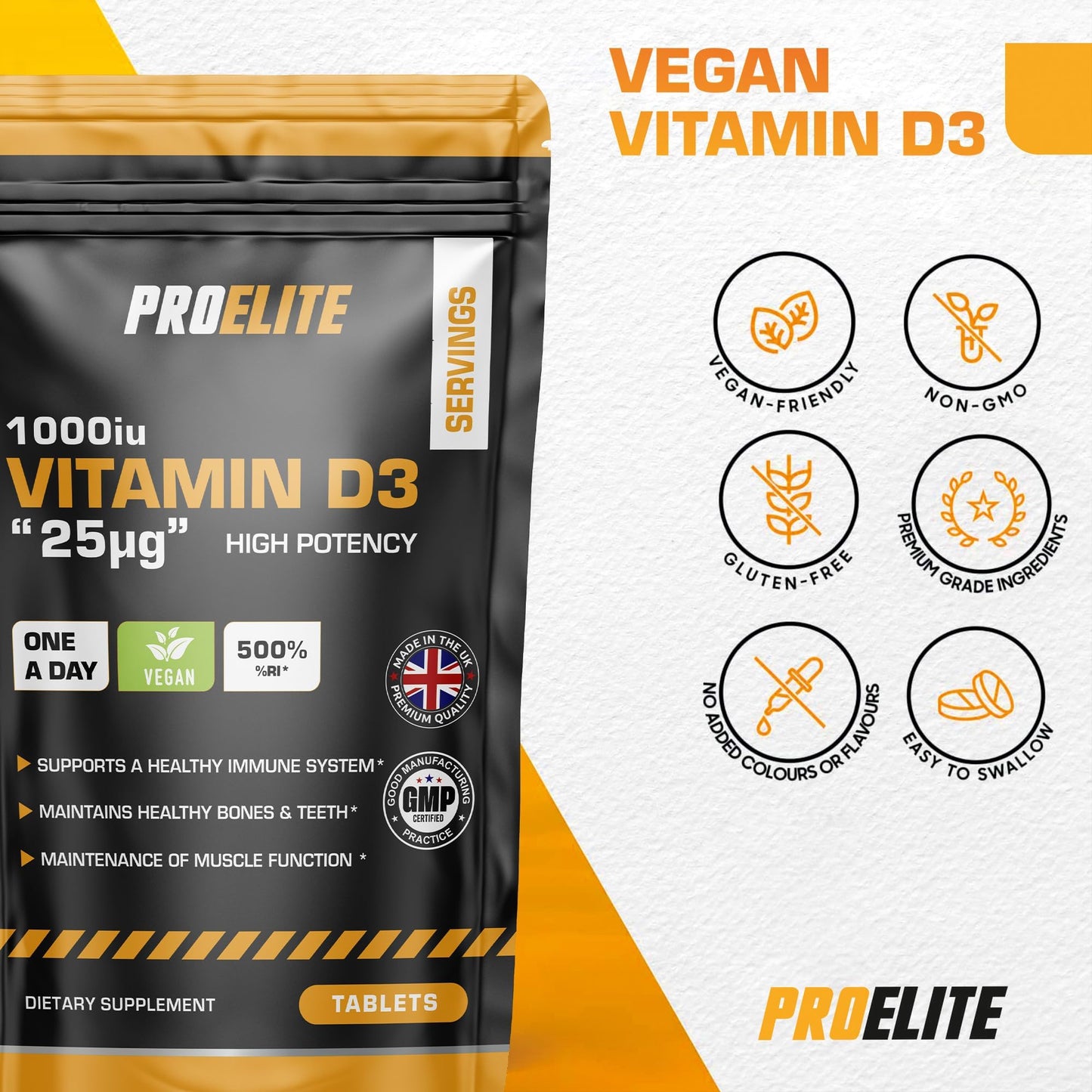 Vitamin D 1000iu (25mcg) 180 Vegan Tablets | 6 Months Supply for Maintenance of Healthy Immune System, Muscles, Bones & Teeth Vitamin D3 Cholecalciferol Made in The UK by PROELITE