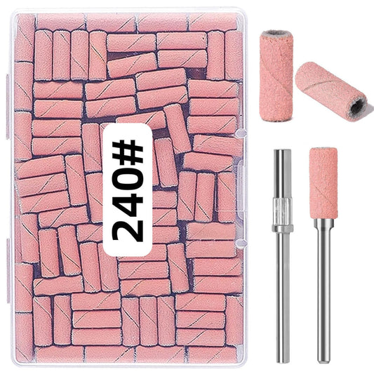 DMQ Sanding Bands for Nail Drill, 100Pcs Mini Extra Fine 240 Grit Nail File Small Nail Sanding Bands Set with Upgrade 2pcs 3/32'' Mandrels Bits for Acrylic Nail Gel Removing Shaping Manicure Pedicure