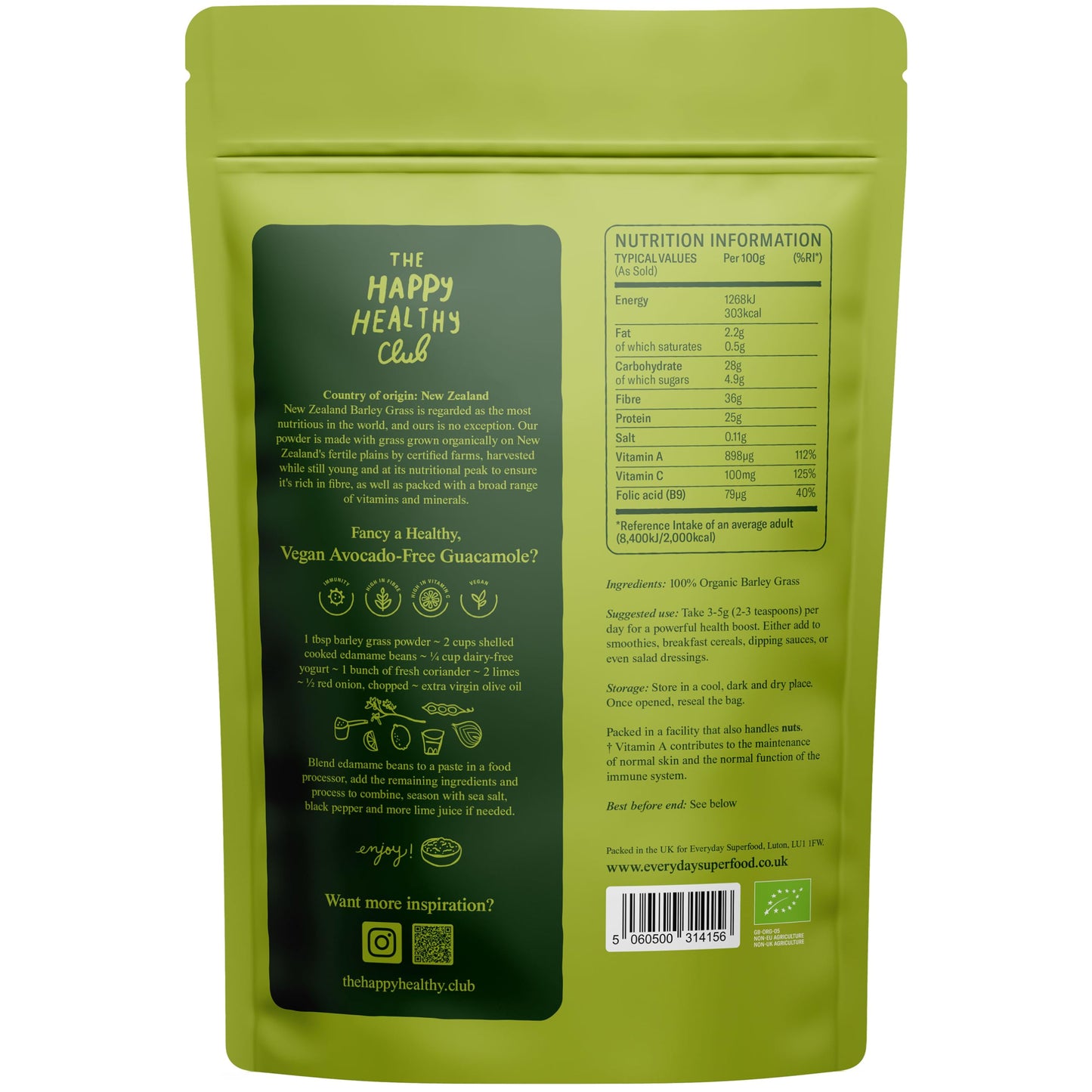 Everyday Superfood Organic New Zealand Barley Grass Powder 50g Raw and Natural Fine Milled Barleygrass Ideal in Juice and Smoothies Certified Organic, Vegan and Kosher