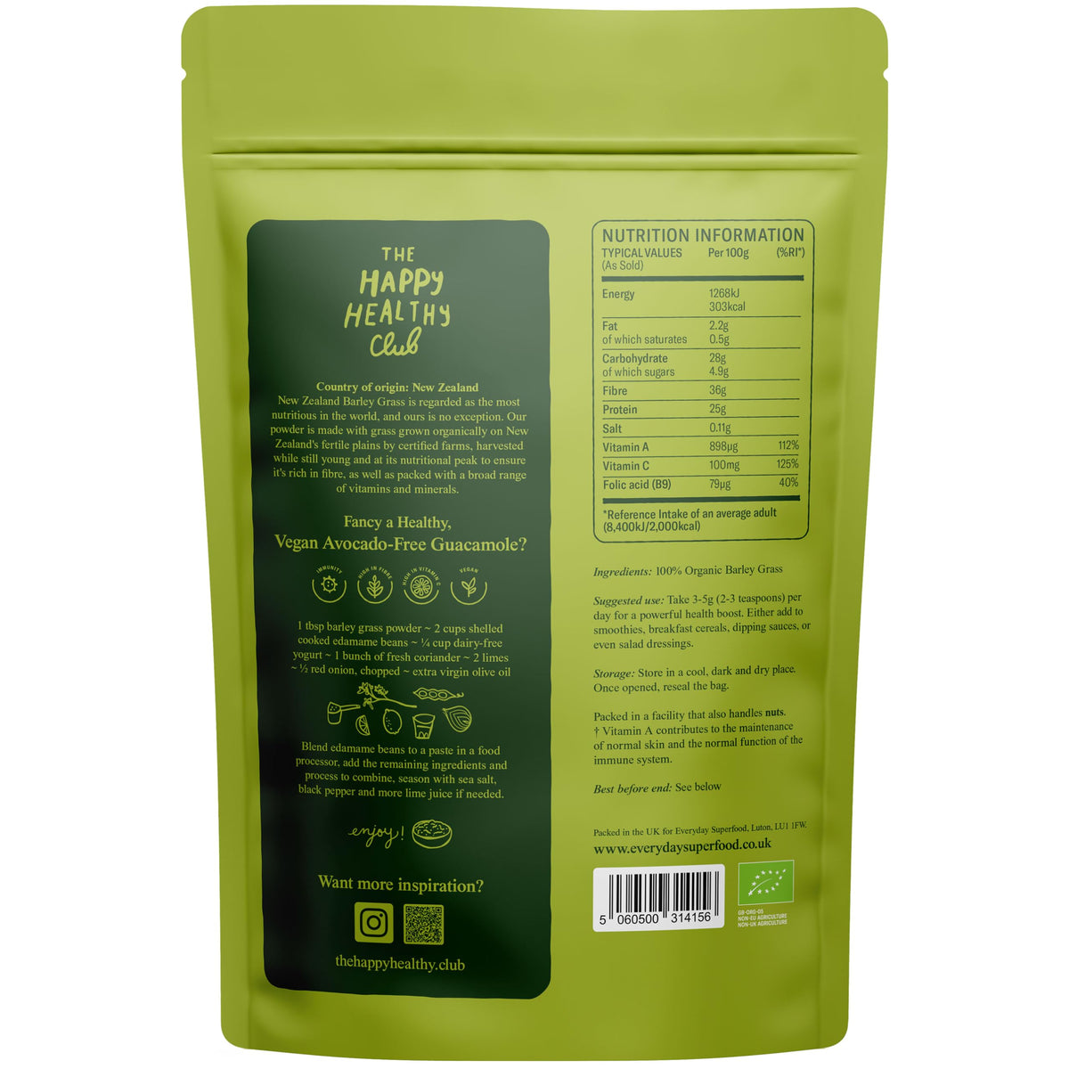 Everyday Superfood Organic New Zealand Barley Grass Powder 190g, Green Fine Milled Barley Grass Ideal in Juice and Smoothies