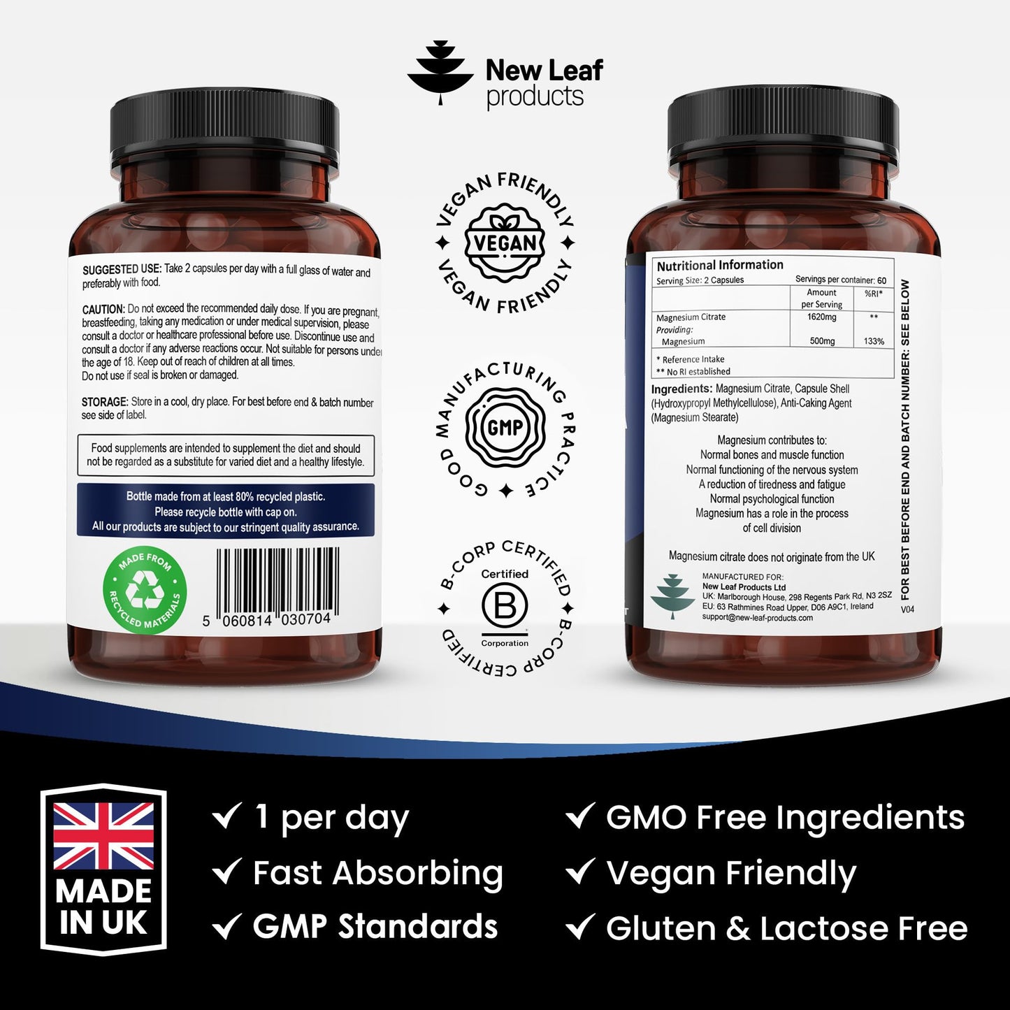 NEW LEAF PRODUCTS Magnesium Citrate Capsules 1620mg - Super Strength and High Absorption Magnesium Supplements - with 500mg ElementalMagnesium - Not Tablets - Muscle & Sleep Support (Two Months Supply)