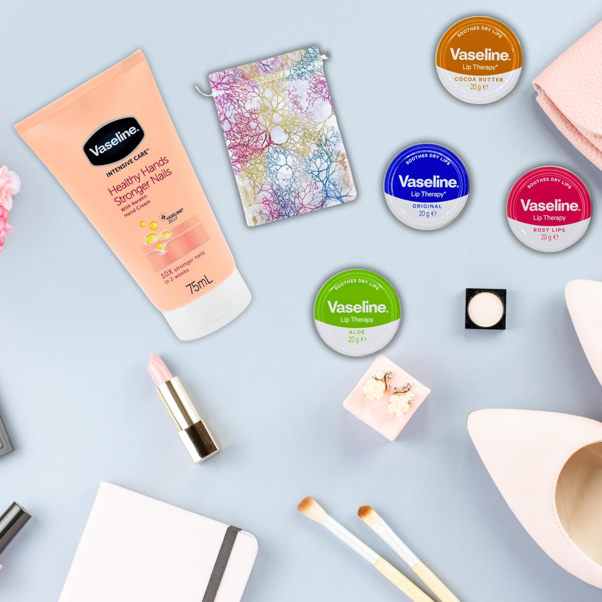 Lip Balm Bundle with Lip Therapy 4 x 20g (Original, Rosy Lips, Cocoa Butter, Aloe) Lip Balm Set and 1 x Hand Cream 75g with Glameno Drawstring Organza Bag