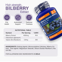 Zipvit Bilberry Extract 4000mg with Vitamin B2, Eye Vitamins with Anthocyanidins, Vaccinium Uliginosum, Supports Healthy Vision, 120 Vegan Tablets, 2 Months Supply