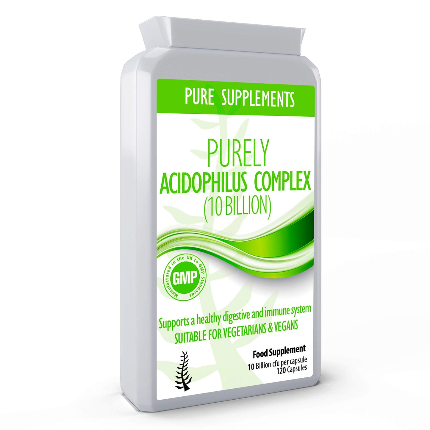 Pure Food Supplements Probiotic Acidophilus Capsules 10 billion for Women and Men 120 Capsules High CFU count Targeted strains Time-released delivery | Vegetarian & Vegan Friendly