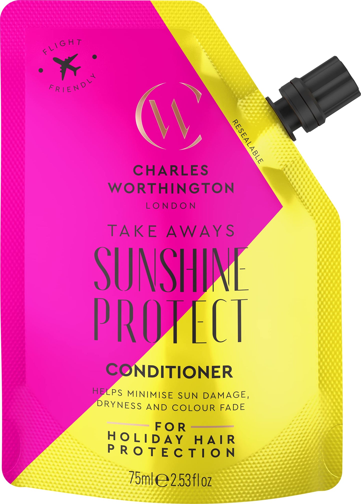 Charles Worthington Sunshine Protect Conditioner Takeaway, Hair Damage Conditioner to Hydrate and Nourish, Hair Repair Products for Women and Men, Salon Hair Repair Conditioner, 75 ml Yellow