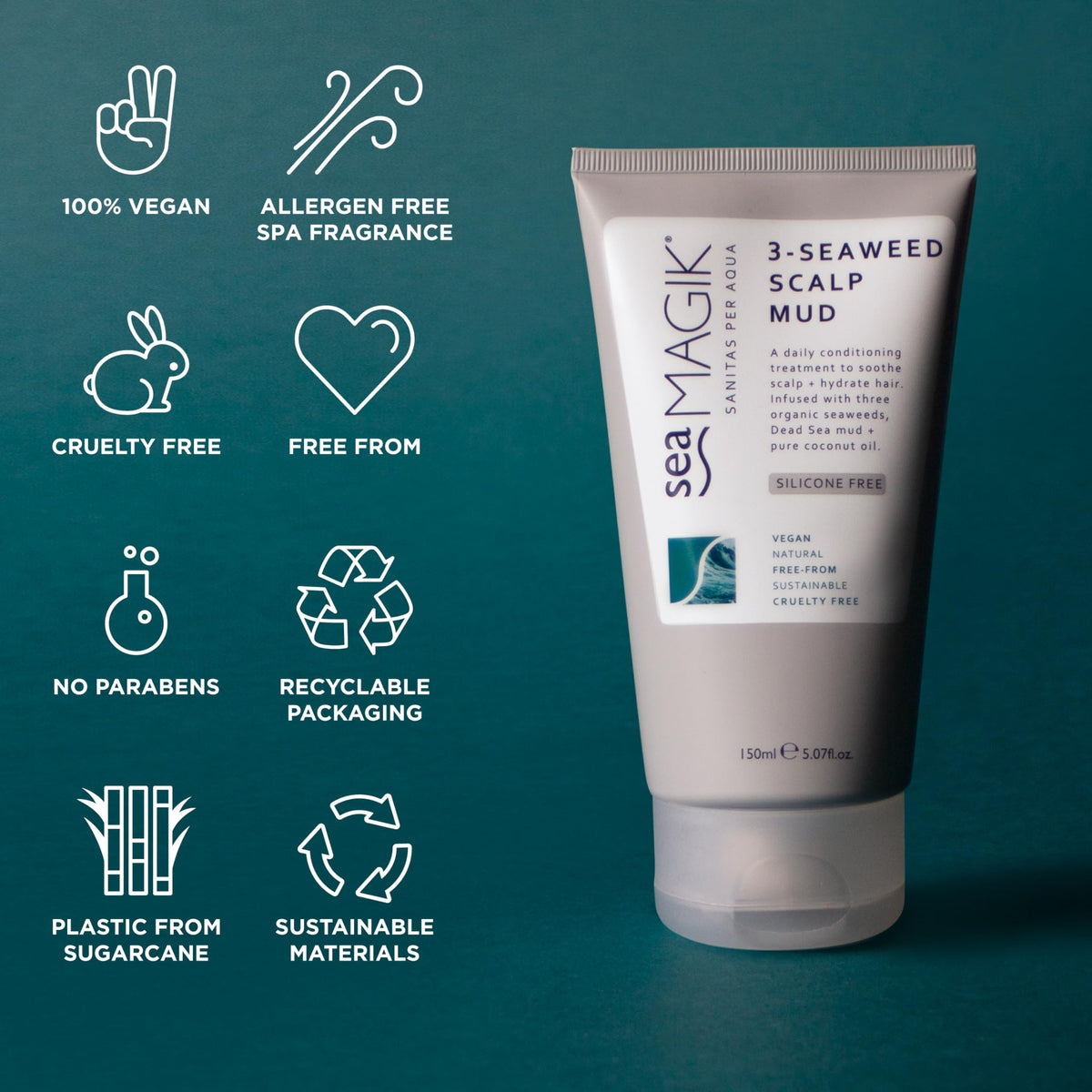 Sea Magik - Scalp Mask for Itchy, Sensitive and Dry Scalp and Hair, 3 Organic Seaweed with Dead Sea Mud, Conditioner with Salicylic Acid, Long Lasting Hydration, Vegan, Cruelty Free (150ml)