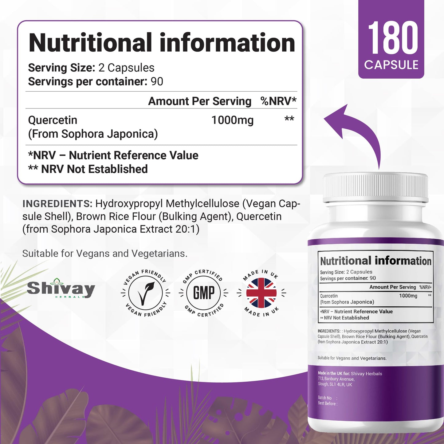 Pure Quercetin (Sophora Japonica) Supplement |1000mg Per Serving | 180 Vegan Capsules - 3 Month Supply | Natural Antioxidant | Made in The UK by Shivay Herbals
