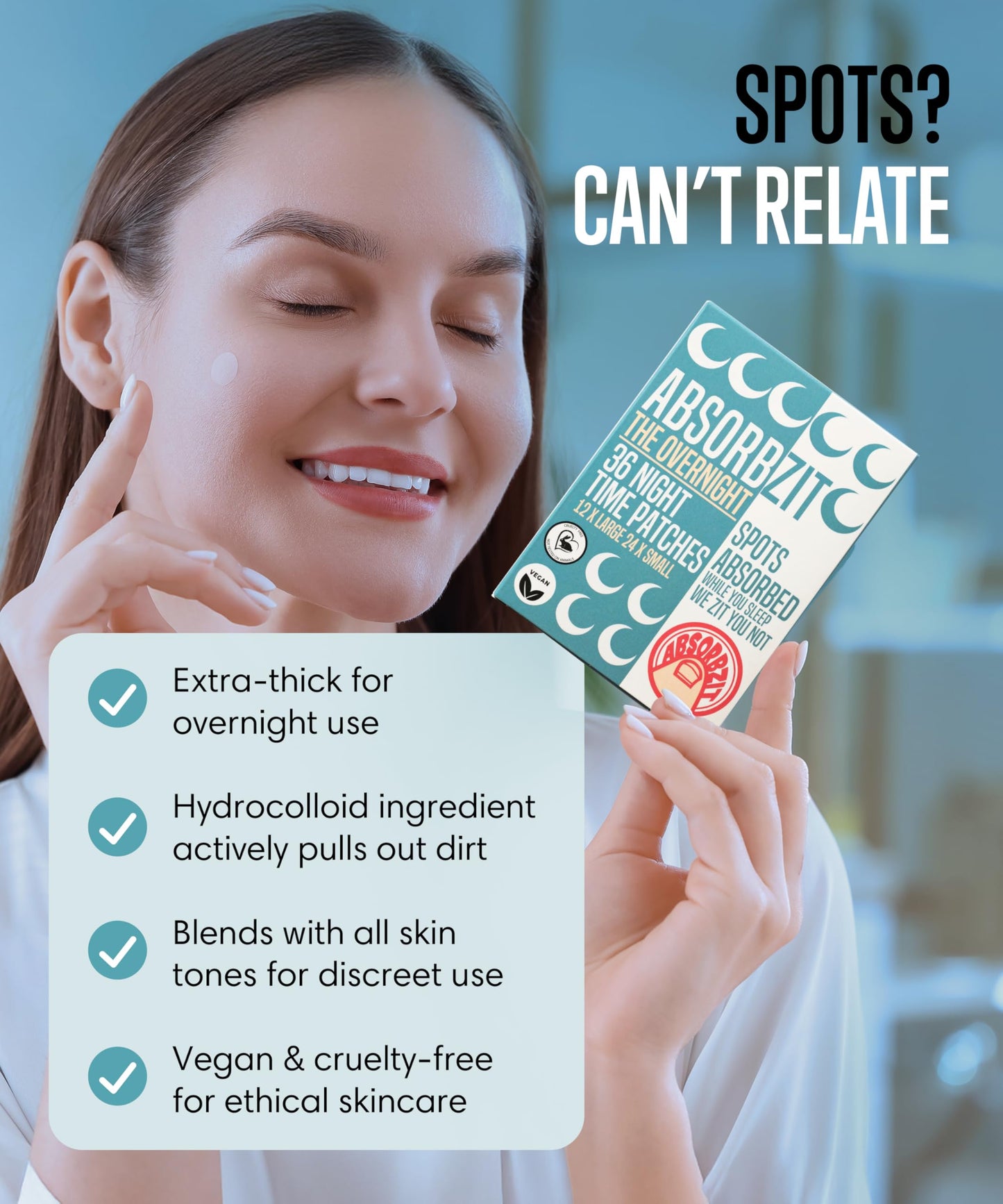 Absorbzit - The Overnight Hydrocolloid Pimple Patches, Thick & Durable Spot Patches, Vegan & Cruelty-Free Acne Treatment - 36 Nighttime Patches