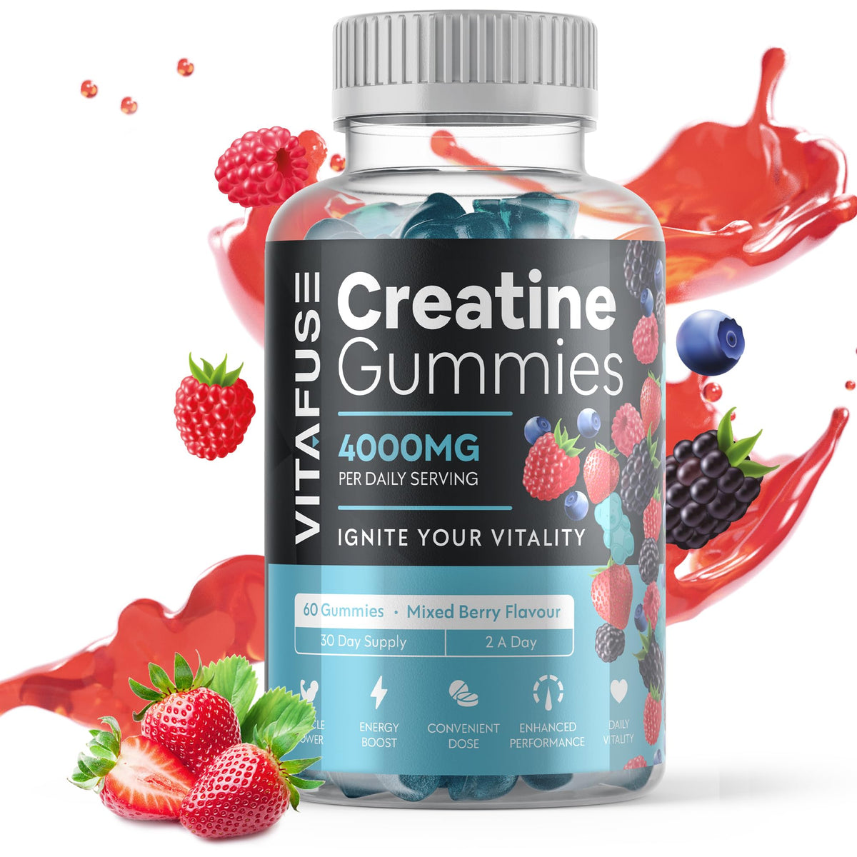 VITAFUSE Creatine Monohydrate Gummies | 4000mg Daily Serving Creatine Gummies in Mixed Berry Flavour | Creatine Gummies for Women & Men