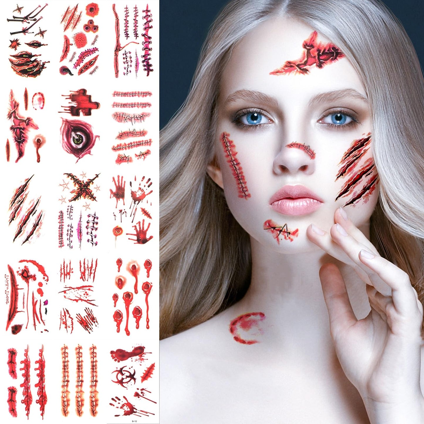TsuperU Vampire Costumes Accessories Zombie Make Up Temporary Tattoos Halloween Face Stickers Fake Scars and Wounds Makeup, Halloween Costumes for Women Scar Tattoos Party Cosplay