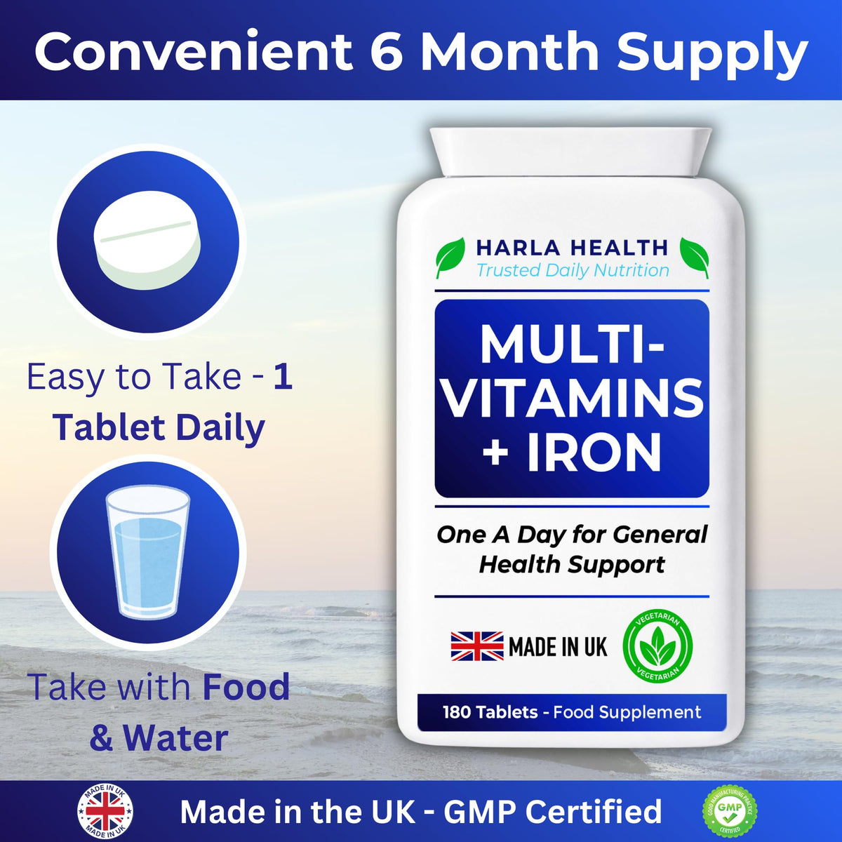 Harla Health Multivitamins with Iron | 180 Vegetarian Tablets | 6 Month Supply | Daily Multivitamin for Men & Women | Energy, Immune System & Overall Wellbeing Support | UK Brand | GMP Certified