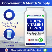 Harla Health Multivitamins with Iron | 180 Vegetarian Tablets | 6 Month Supply | Daily Multivitamin for Men & Women | Energy, Immune System & Overall Wellbeing Support | UK Brand | GMP Certified