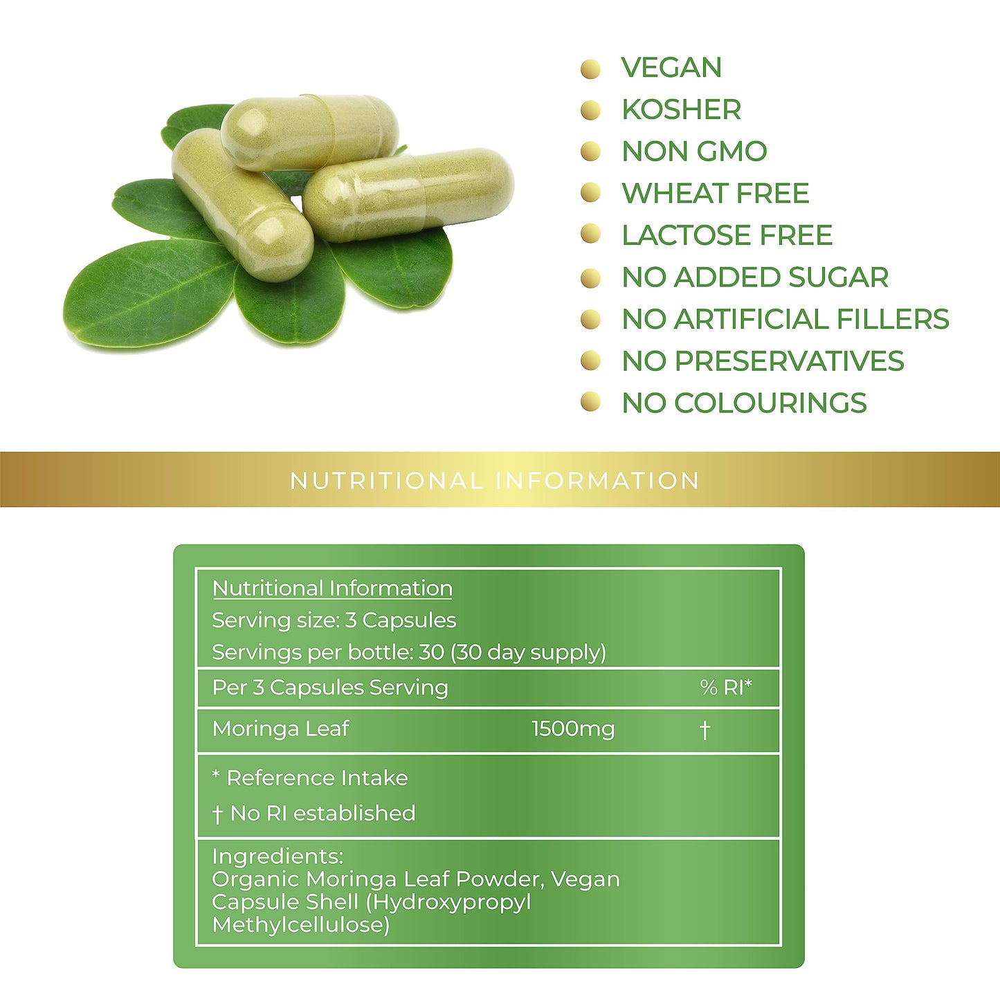 Lily Green | Organic Moringa 1500mg per Serving | 90 Vegan Capsules | Rich in Vitamin C, Calcium, Iron, Potassium & Antioxidants | No Artificial Additives | Made in UK