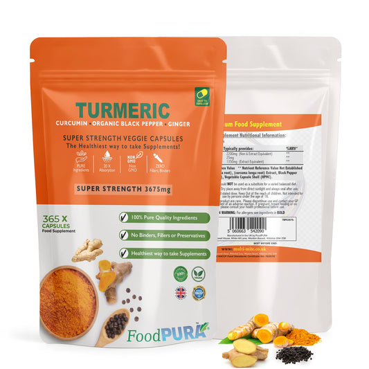 FoodPURA Turmeric Curcumin Capsules with Black Pepper & Ginger High Strength 3675mg HACCP Certified, Manufactured in The UK by FoodPURA (365)