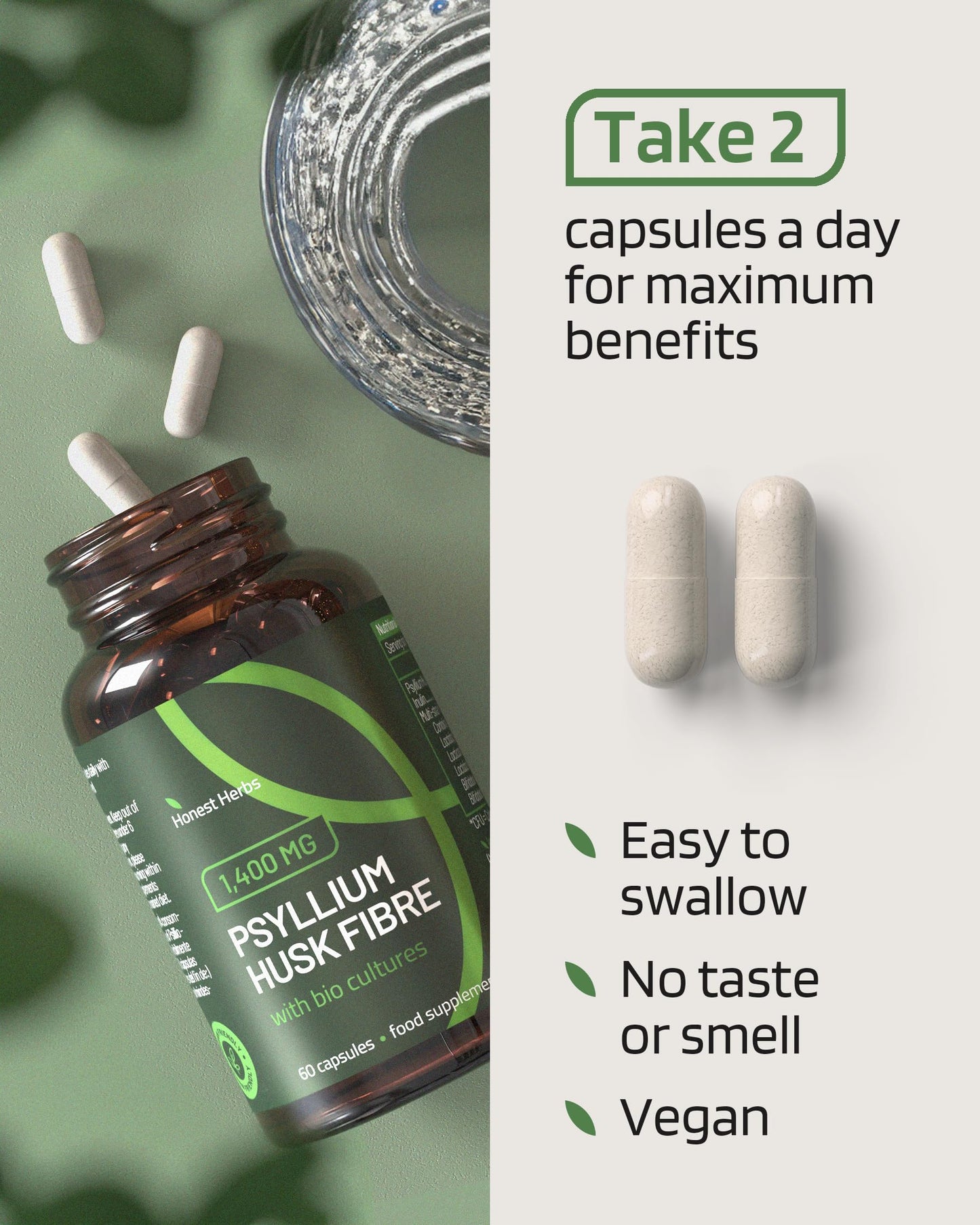 Honest Herbs Psyllium Husk Capsules with Probiotics - Fibre Supplement Complex 1400mg - 60 Capsules - 6 Billion Probiotics 5 Strains