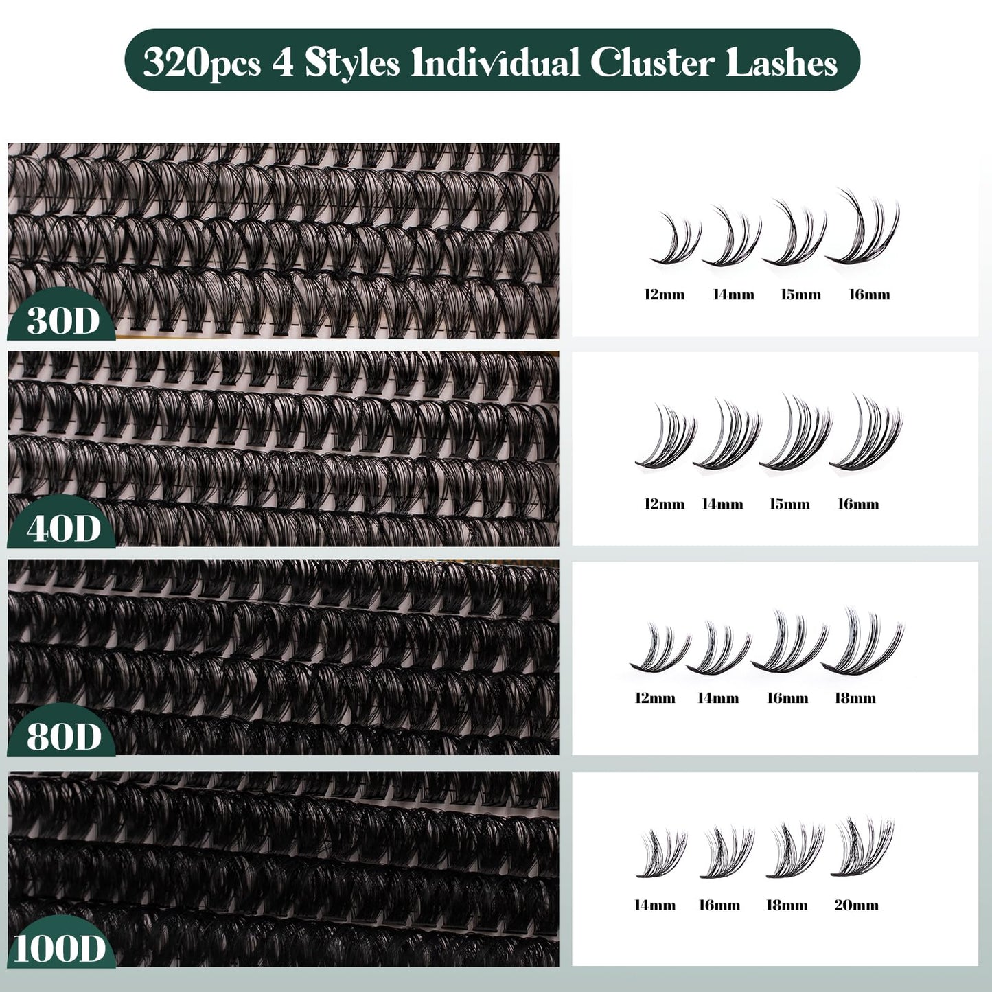Lanciley Cluster Lashes 320PCS Volume Individual Eyelashes 30D+40D+80D+100D Lash Extension Kit 12-20MM Natural Lash Clusters DIY Eyelash Extension Kit with Lash Bond and Seal Lash Tweezers-30+40+80+100D