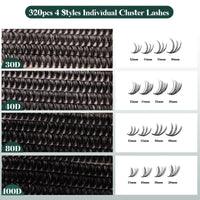 Lanciley Cluster Lashes 320PCS Volume Individual Eyelashes 30D+40D+80D+100D Lash Extension Kit 12-20MM Natural Lash Clusters DIY Eyelash Extension Kit with Lash Bond and Seal Lash Tweezers-30+40+80+100D