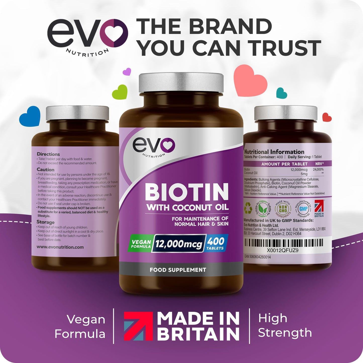 Biotin Hair Growth Supplement 12,000mcg with Coconut Oil | 400 High Strength Tablets for - 13 Month Supply Vitamin B7 Supports Normal Skin & Made in UK by EVO Nutrition