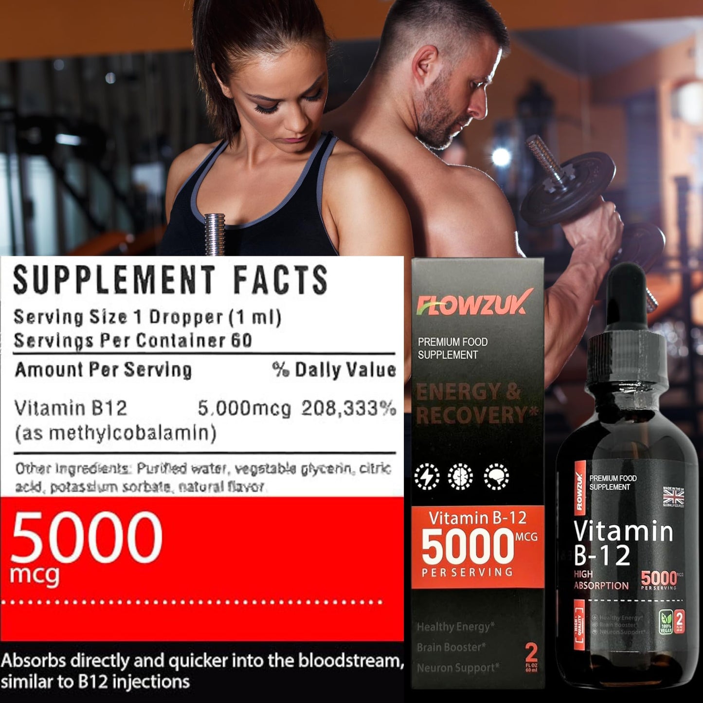 Flowzuk Vitamin B12 Liquid Drops 5000mcg – High Strength Methylcobalamin – Fast Absorbing Vegan B12 Supplement – 60ml Dropper Bottle – Gluten Free, Energy & Wellness Support