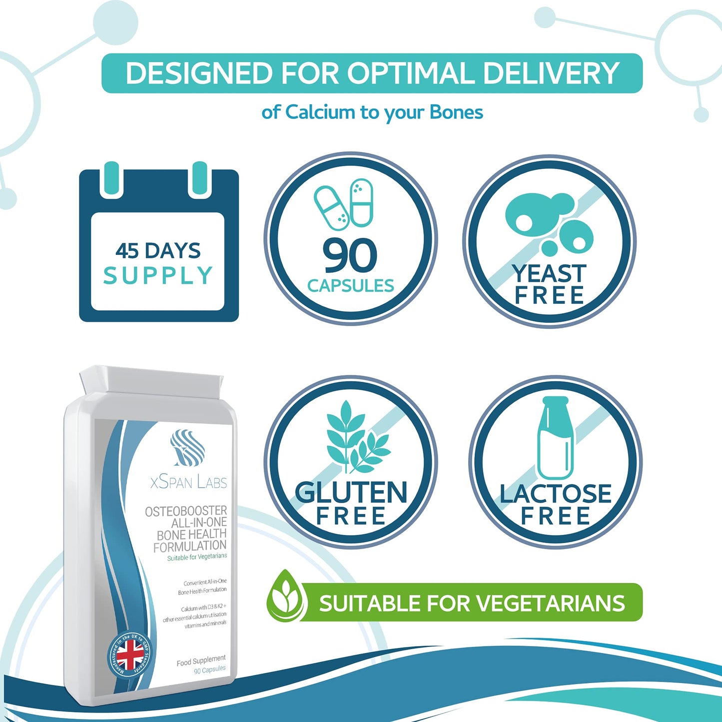 Xspan Labs OsteoBooster 90 Capsules – All-in-One Bone Support Formula – Contains Calcium, Vitamins D3 & K2, Magnesium Plus a Host of Other Essential Calcium utilisation Vitamins and Minerals