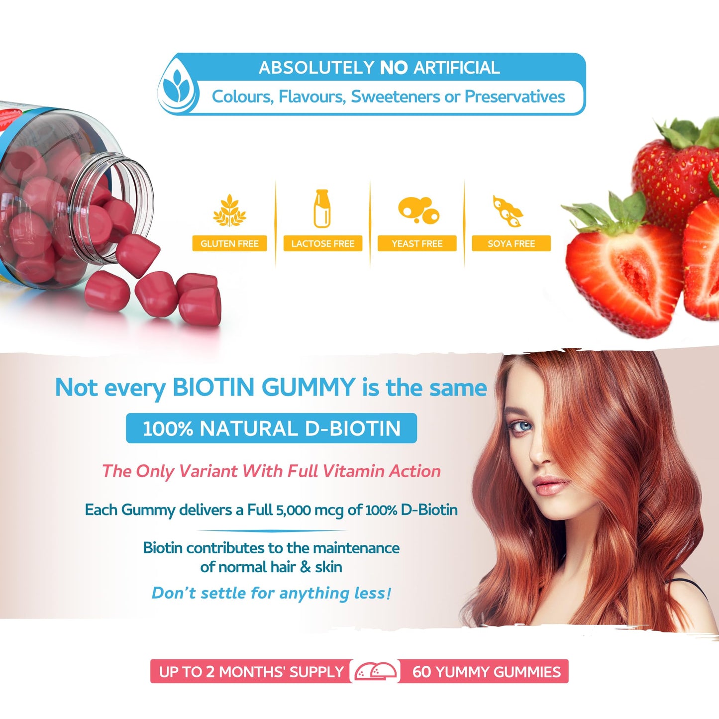 swiss bioenergetics Biotin Gummies 10,000mcg – 60 Vegan Vitamins - Natural Strawberry Flavoured Two Yummy Gummy Daily Dose - Supports Normal Skin & Hair Growth - Chewable - No Artificial Sweeteners – UK Made