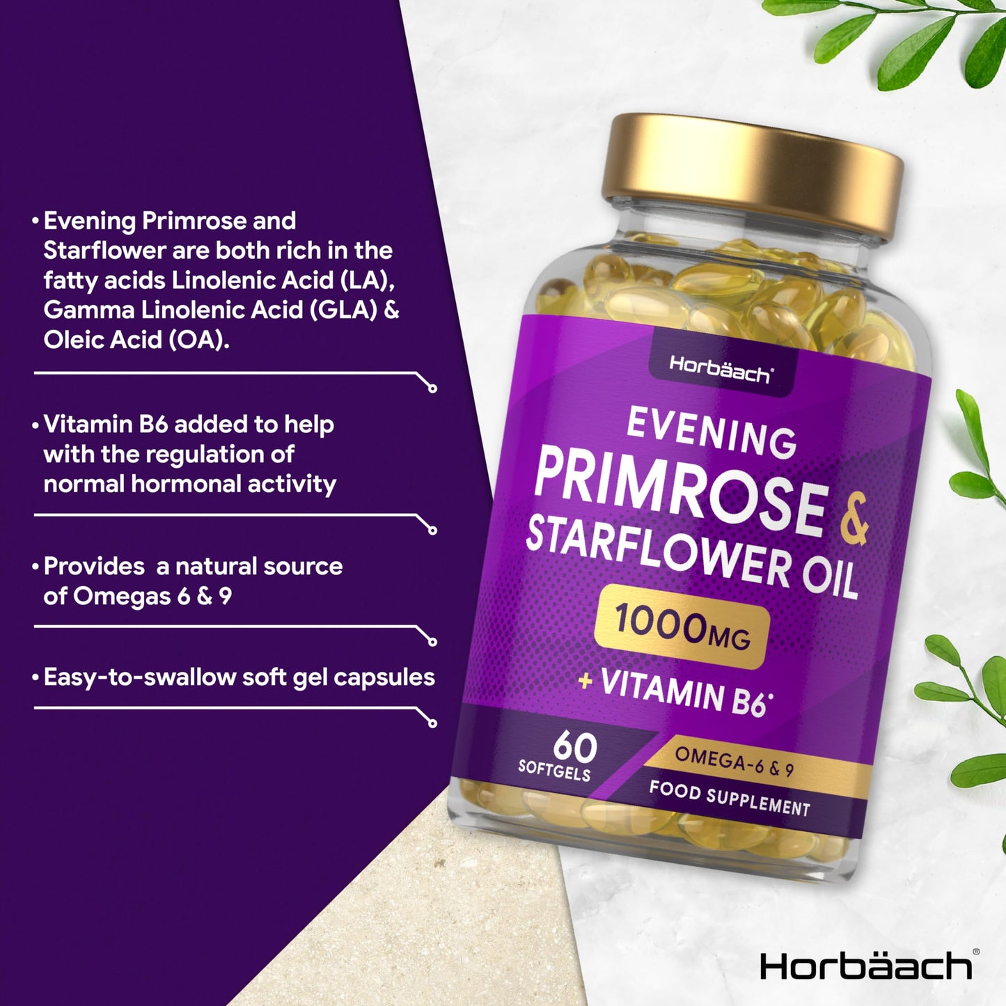 Evening Primrose and Starflower Oil Capsules 1000mg | with Vitamin B6 | 60 Softgels | Rich Source of Omega 6 GLA & 9 Oleic Fatty Acids | by Horbaach