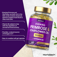 Evening Primrose and Starflower Oil Capsules 1000mg | with Vitamin B6 | 60 Softgels | Rich Source of Omega 6 GLA & 9 Oleic Fatty Acids | by Horbaach