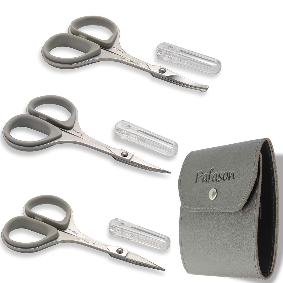 Pafason PAFASON Stainless Steel Mustache Beard Facial Nose Hair Trimming Scissor Set with Safety Cover and Leather Pouch