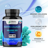 Atlantic Vitamins Marine Collagen 900 mg - High Strength 90 Capsules Collagen with Hyaluronic Acid and Vitamin C for Skin, Joints and Hair - Type 1 Hydrolysed Collagen Supplements for Women & Men - UK Made