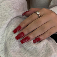 SXVME Red False Nails Long Square, Acrylic Press on Nails Long Medium Coffin, Glossy Gel Fake Nails Press on, Solid Color Square Tip Nails Stick on Nails For Women Daily Wear, 24 Pcs