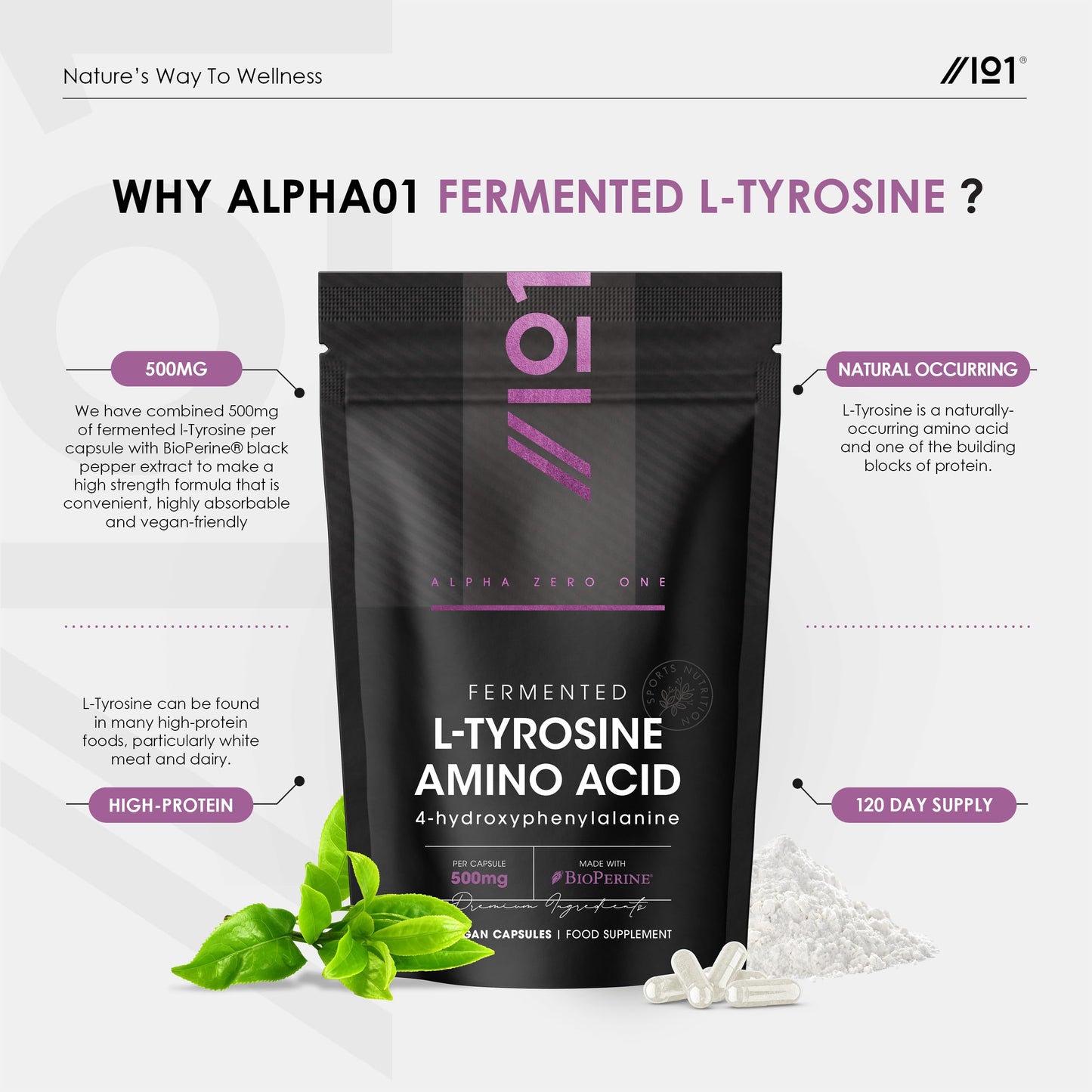 ALPHA01 Fermented L-Tyrosine 500mg with BioPerine - 120 Vegan Capsules - Essential Amino Acid Support – 120 Day Supply – Resealable and Recyclable Pouch by Alpha01