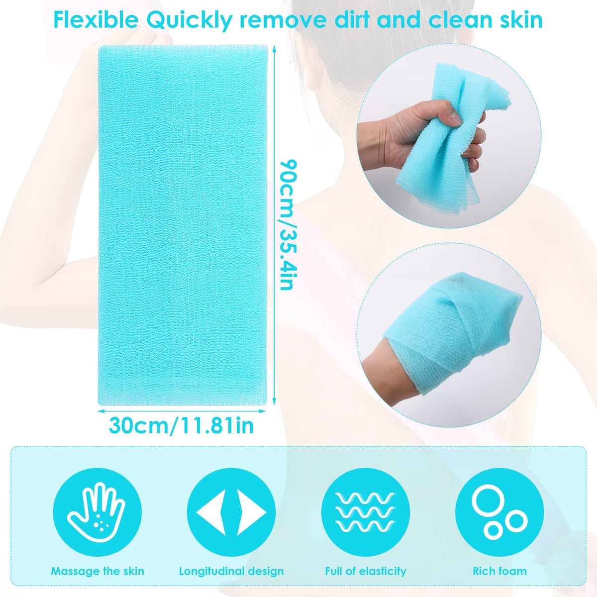WLLHYF Exfoliating Cloth Nylon Japanese Scrub Shower Wash Cloth Body Shower Cleaning Multicolour Sponges Deep Clean Back Washer Spa Massage Bath Towel for Women Men