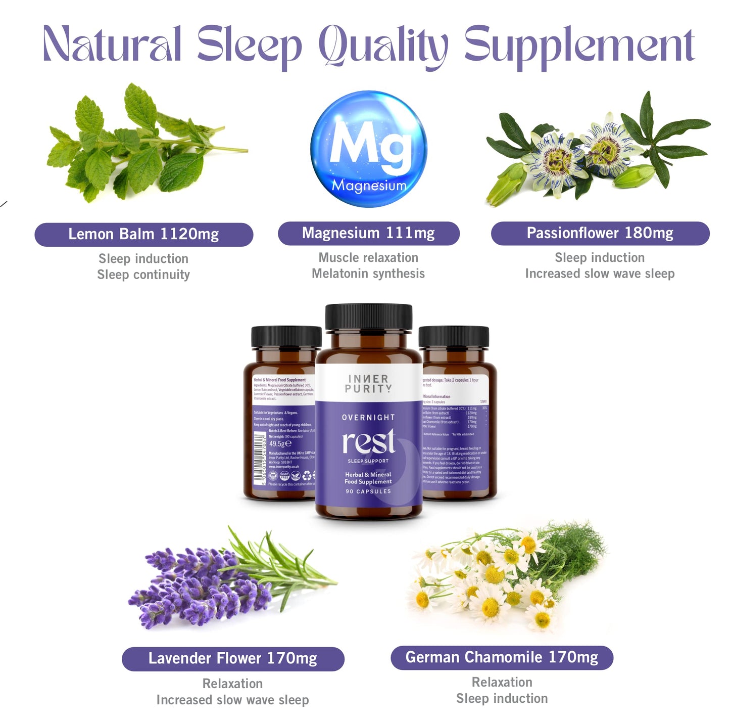 Overnight Rest Sleep Supplement with Lemon Balm Extract, Magnesium and More, Natural Vegan Sleep Support Supplement for Adults for Relaxation and Deep Restful Sleep, 90 Capsules