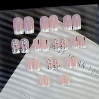JUSTOTRY 24 Pcs White French Short False Nails,Pink Square Press on Nails with Flower and Leaf Pattern,Glossy Fake Nails Medium for Nails Art,Squoval Stick on Nail for Women Gifts
